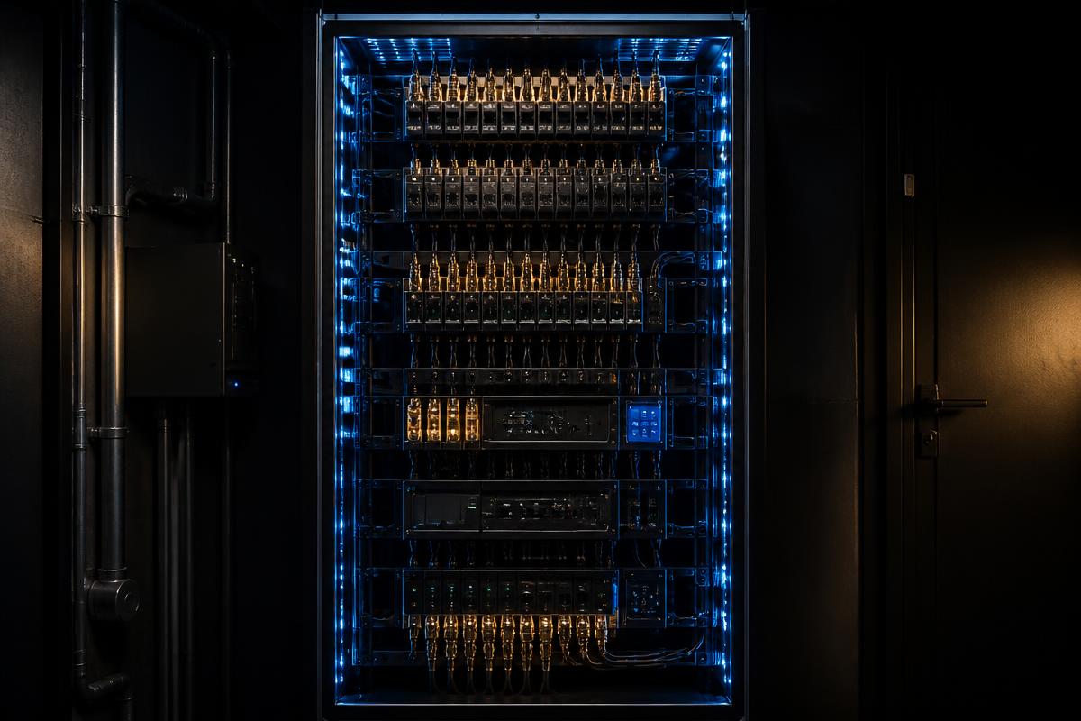 Clean organized electrical rack with precise wiring in a secure room